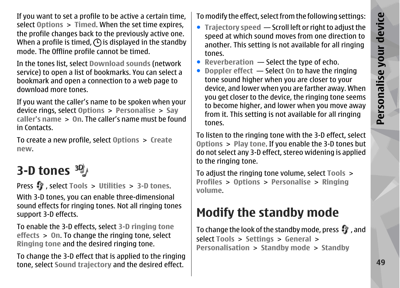 D tones, Modify the standby mode, Persona lise your de vice | Nokia N79 User Manual | Page 49 / 398