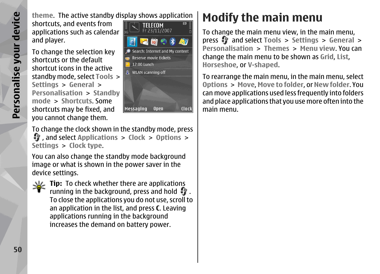 Modify the main menu, Persona lise your de vice | Nokia N79 User Manual | Page 50 / 398