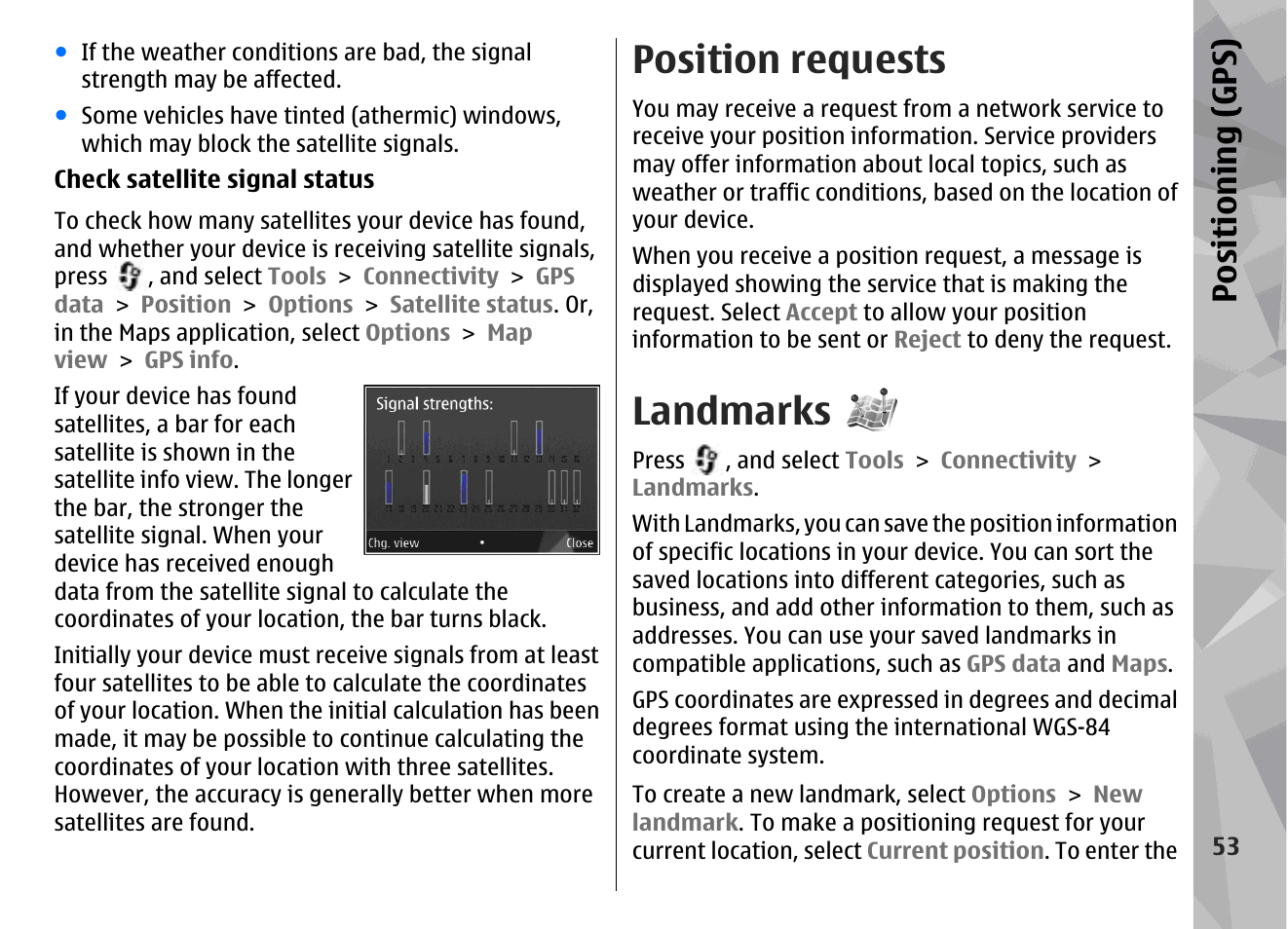 Position requests, Landmarks, Positioning (gps) | Nokia N79 User Manual | Page 53 / 398