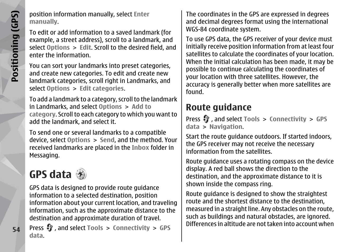 Gps data, Route guidance, Positioning (gps) | Nokia N79 User Manual | Page 54 / 398
