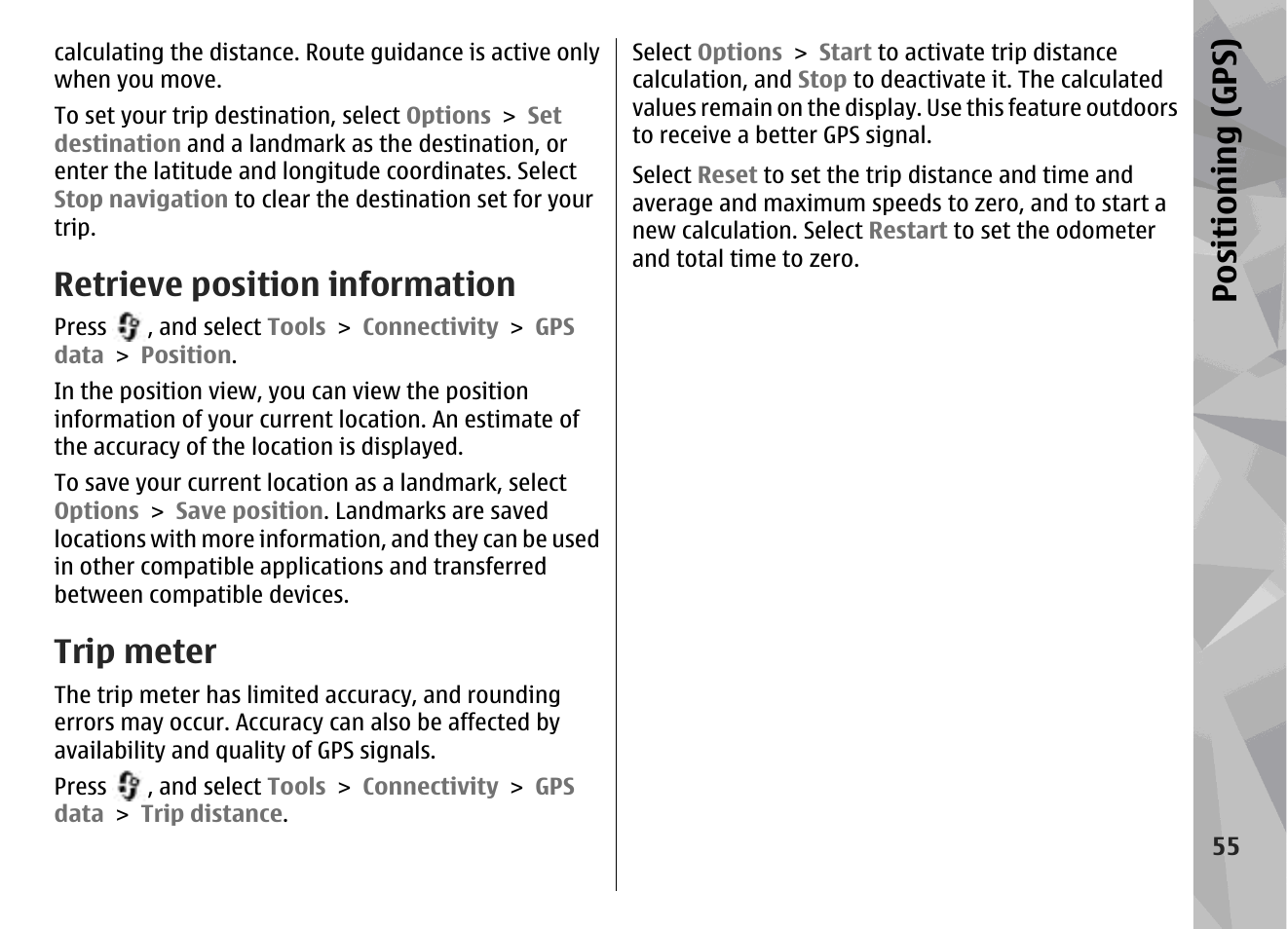 Retrieve position information, Trip meter, Positioning (gps) | Nokia N79 User Manual | Page 55 / 398