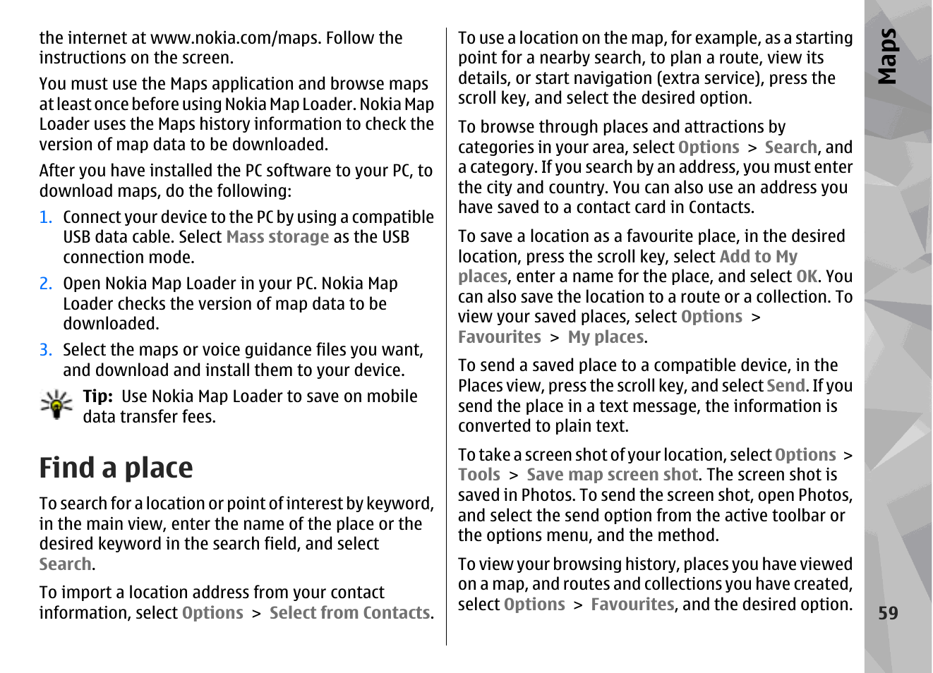 Find a place, Maps | Nokia N79 User Manual | Page 59 / 398