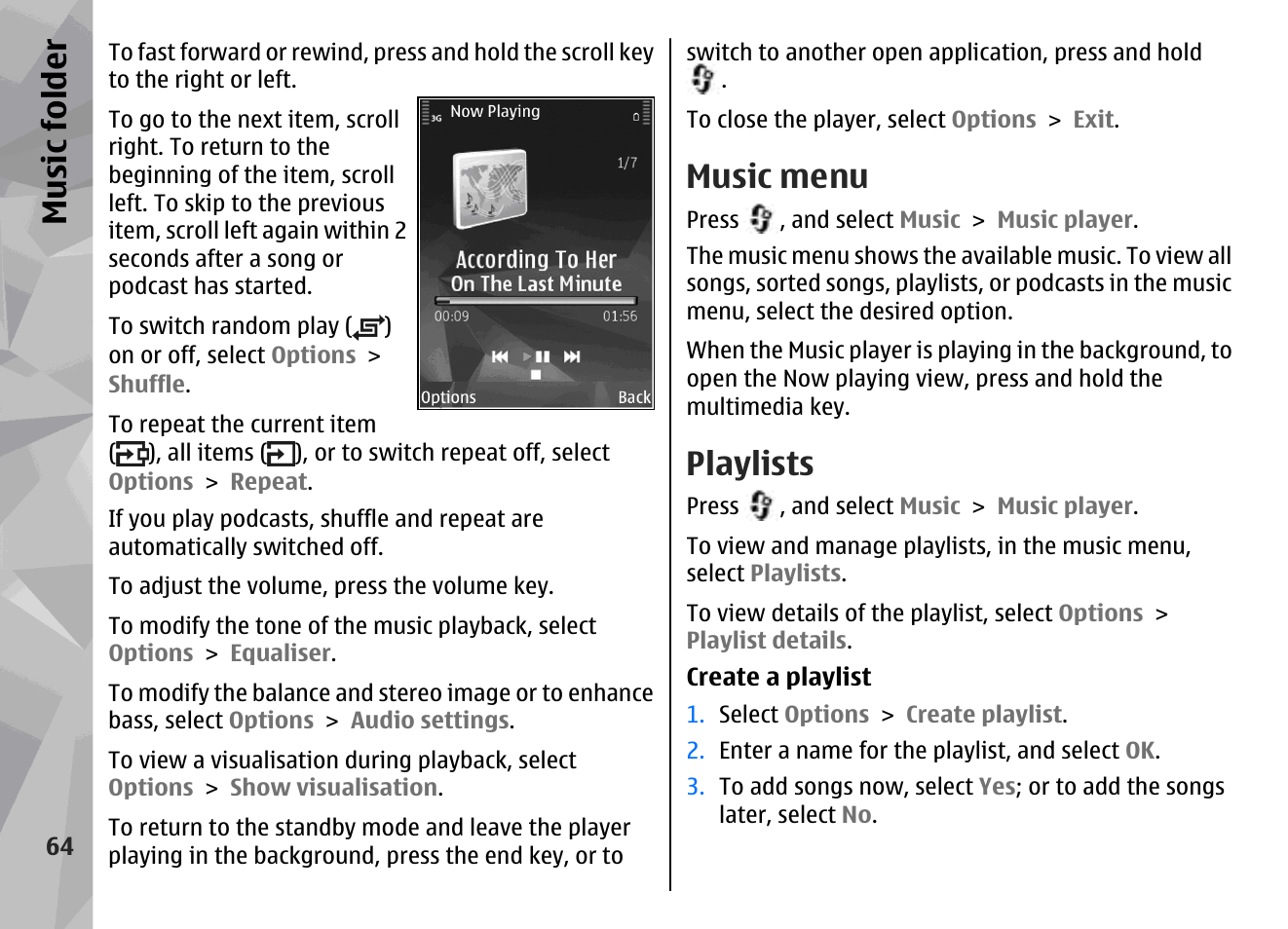 Music menu, Playlists, Music fol der | Nokia N79 User Manual | Page 64 / 398