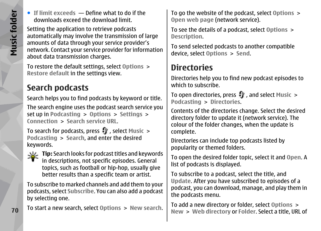 Search podcasts, Directories, Music fol der | Nokia N79 User Manual | Page 70 / 398