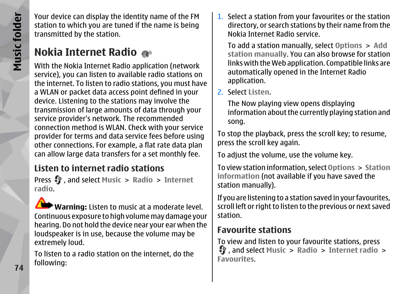 Nokia internet radio, Listen to internet radio stations, Favourite stations | Music fol der | Nokia N79 User Manual | Page 74 / 398