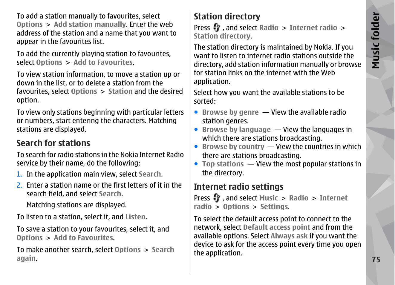 Search for stations, Station directory, Internet radio settings | Music fol der | Nokia N79 User Manual | Page 75 / 398
