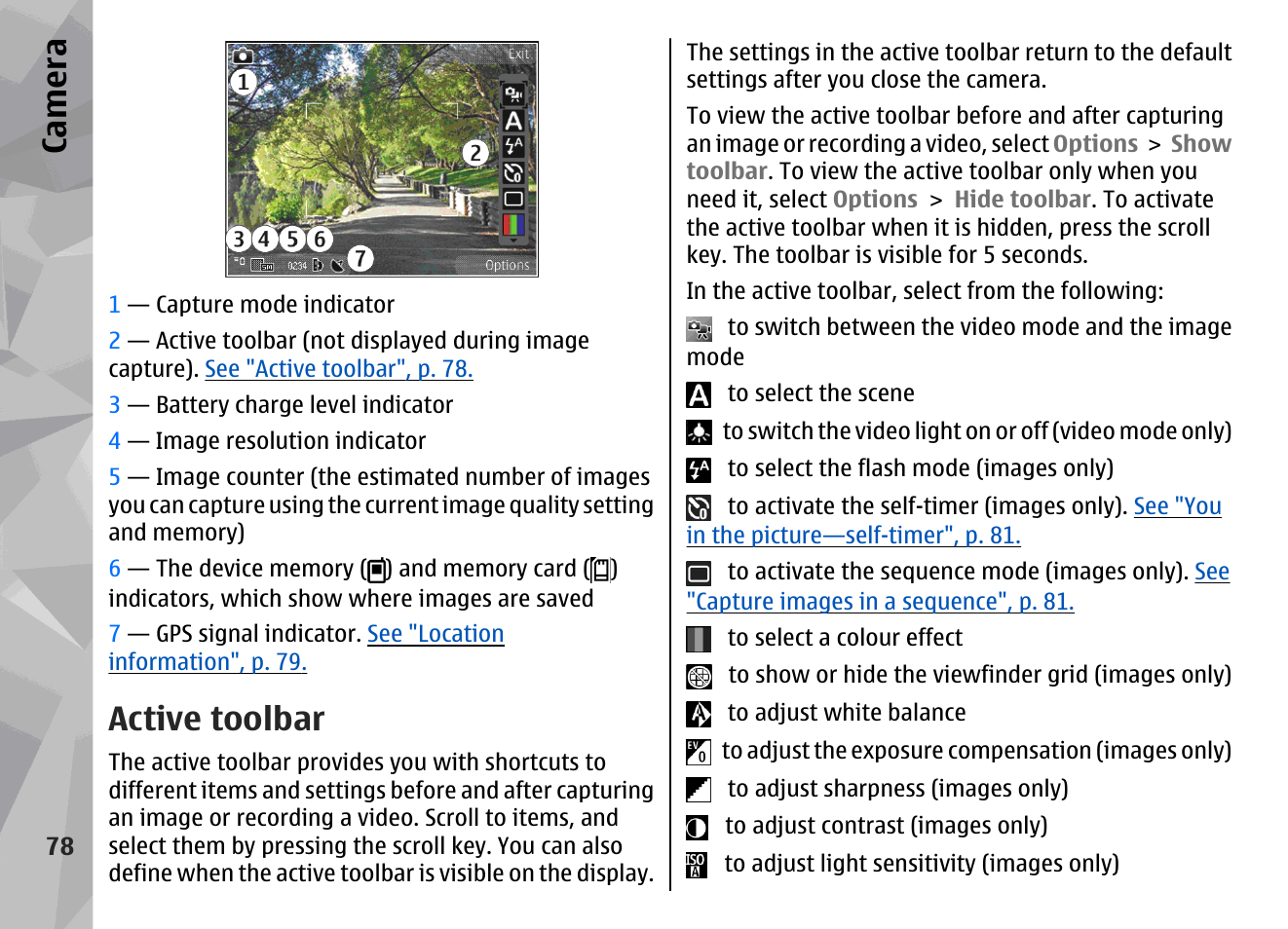 Active toolbar, Ca mera | Nokia N79 User Manual | Page 78 / 398