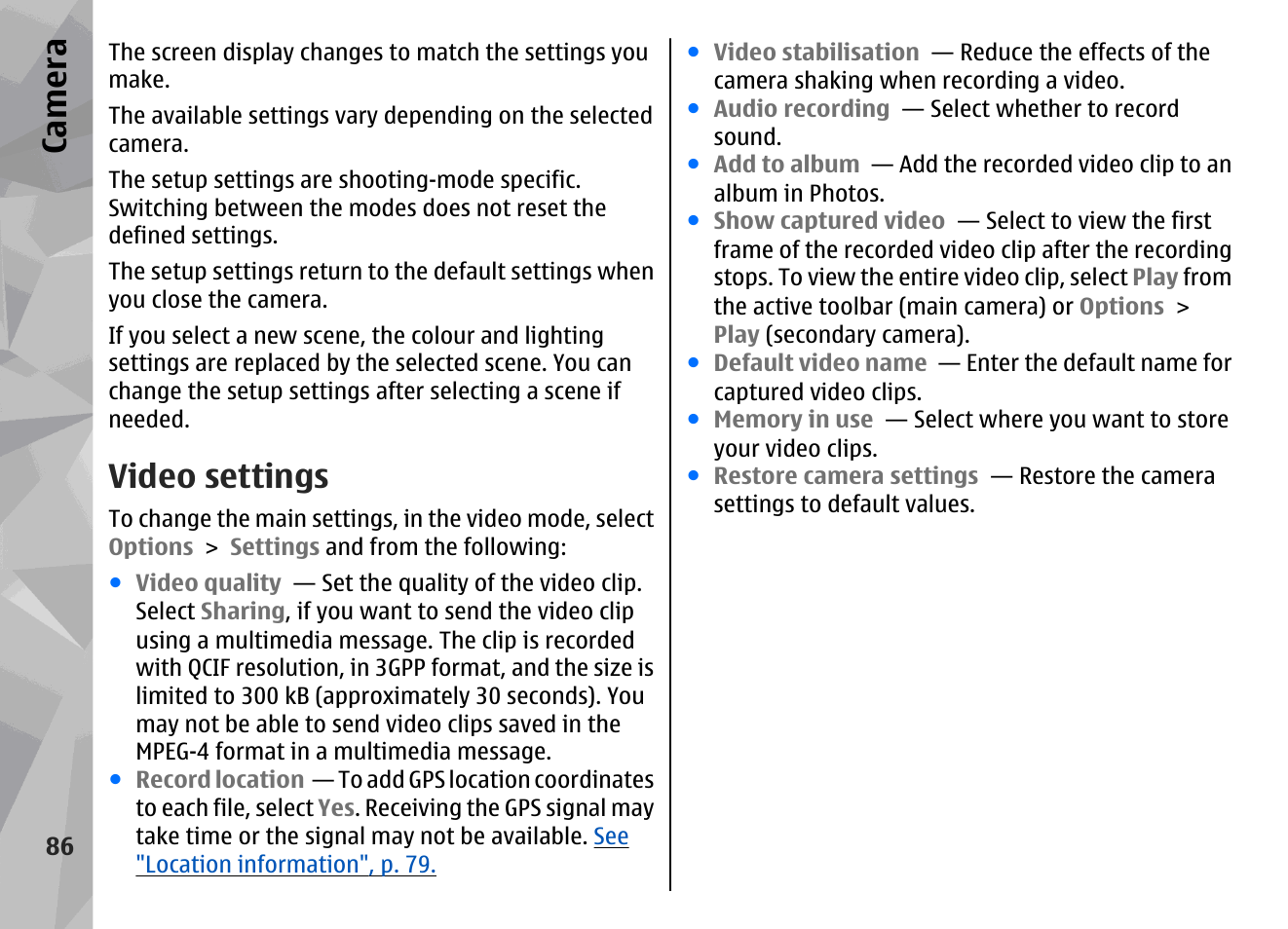Video settings, See "video settings", p. 86, Cator | See "video, Settings", p. 86, Ca mera | Nokia N79 User Manual | Page 86 / 398