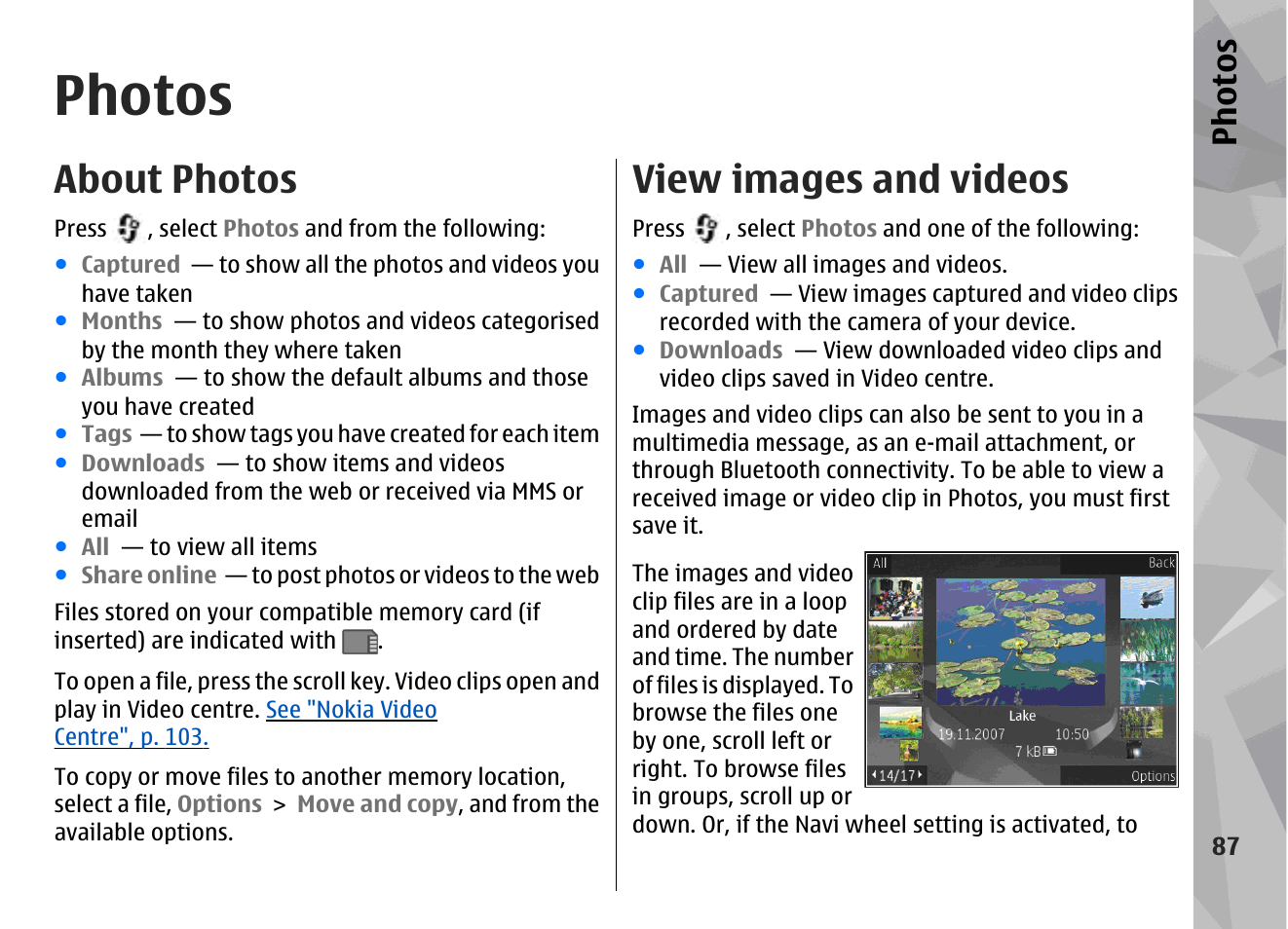 Photos, About photos, View images and videos | See "photos", p. 87, Ph ot os | Nokia N79 User Manual | Page 87 / 398