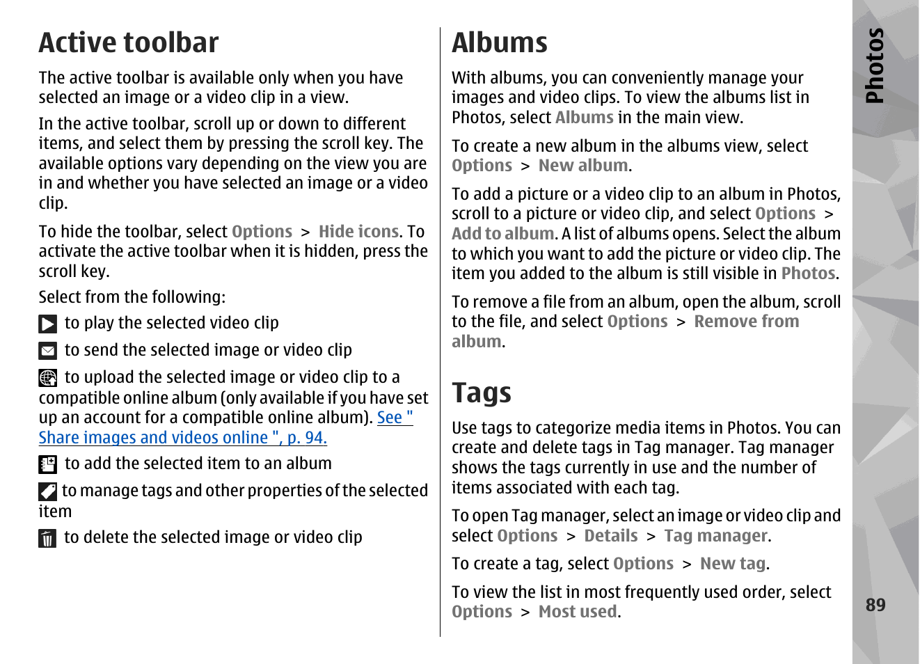 Active toolbar, Albums, Tags | See "active toolbar", p. 89, Tags", p. 89, See "tags", p. 89, Toolbar, See "albums", p. 89, Ph ot os | Nokia N79 User Manual | Page 89 / 398
