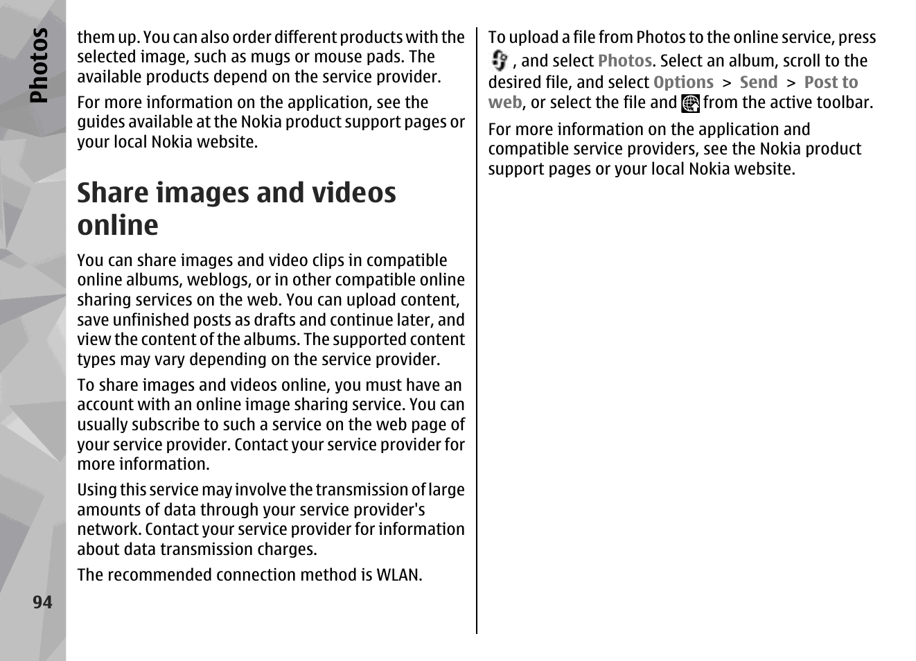 Share images and videos online, See " share images and, Videos online ", p. 94 | Share images and videos online ", p. 94, Ph ot os | Nokia N79 User Manual | Page 94 / 398