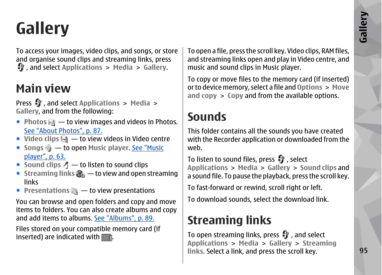 Gallery, Main view, Sounds | Streaming links | Nokia N79 User Manual | Page 95 / 398
