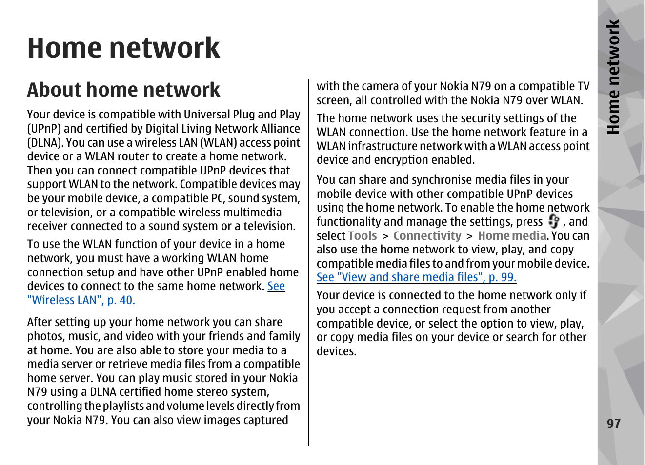 Home network, About home network | Nokia N79 User Manual | Page 97 / 398