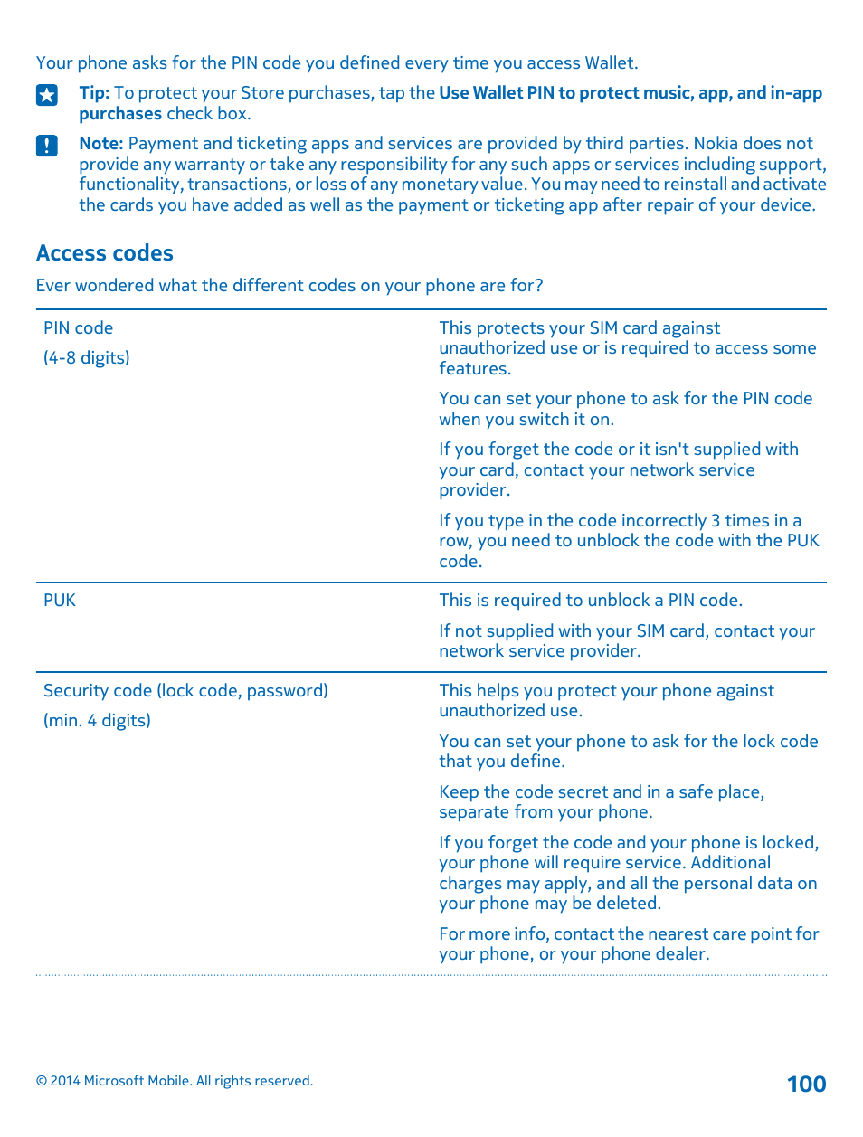 Access codes | Nokia Lumia 520 User Manual | Page 100 / 108