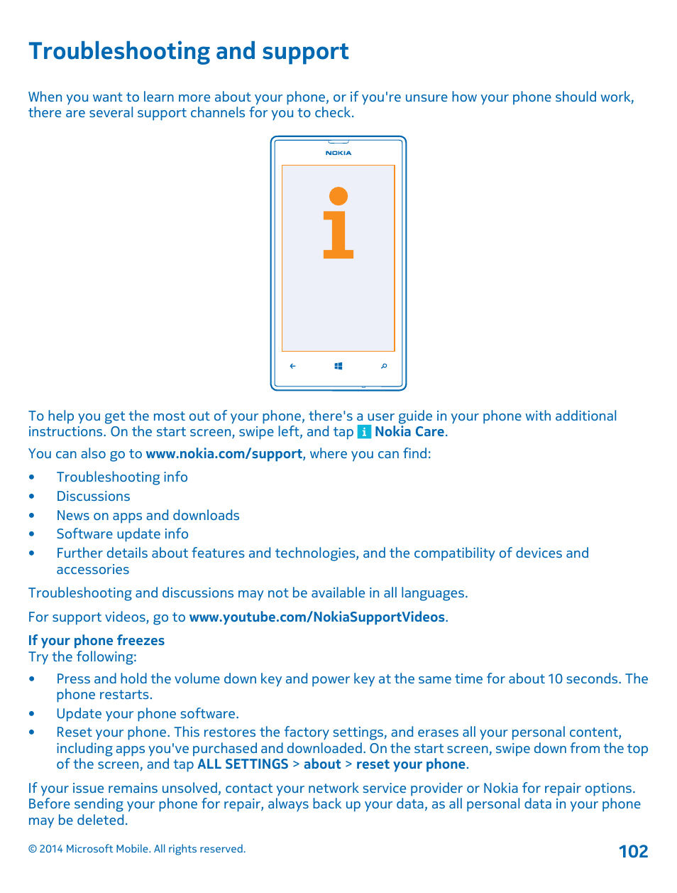 Troubleshooting and support | Nokia Lumia 520 User Manual | Page 102 / 108