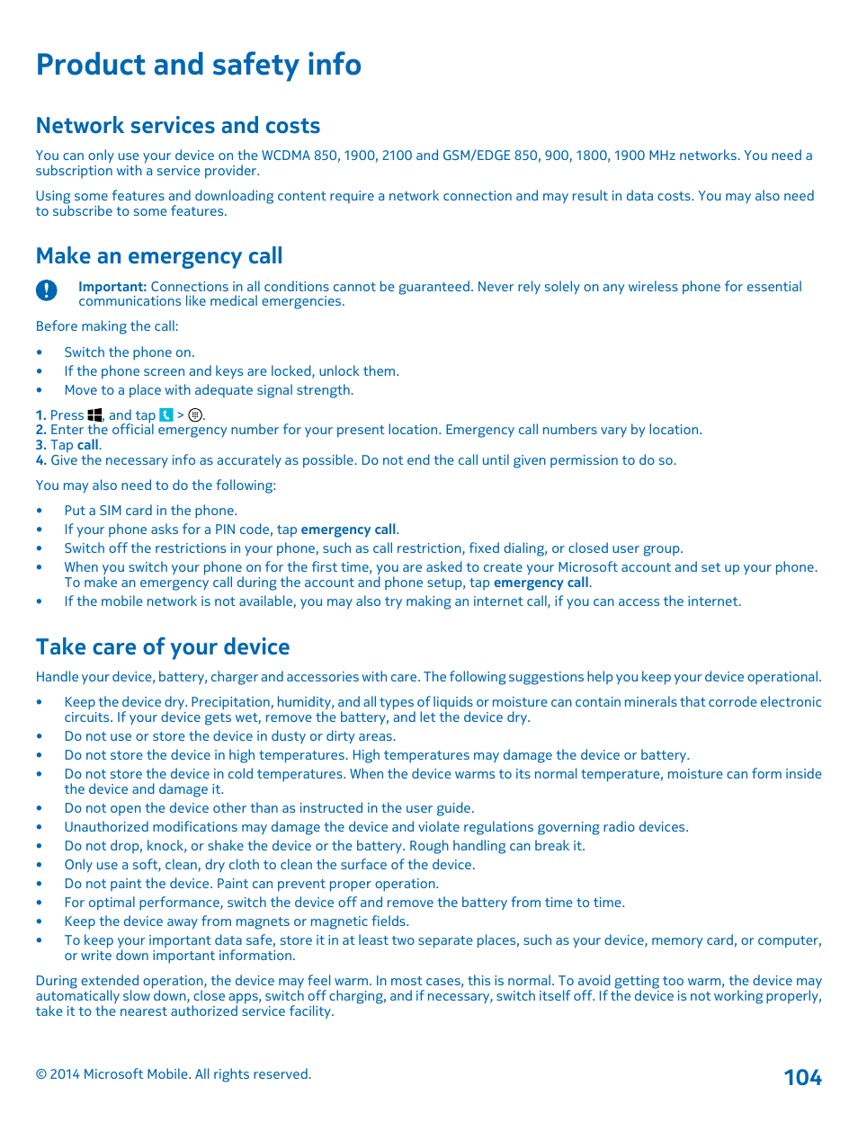 Product and safety info, Network services and costs, Make an emergency call | Take care of your device | Nokia Lumia 520 User Manual | Page 104 / 108