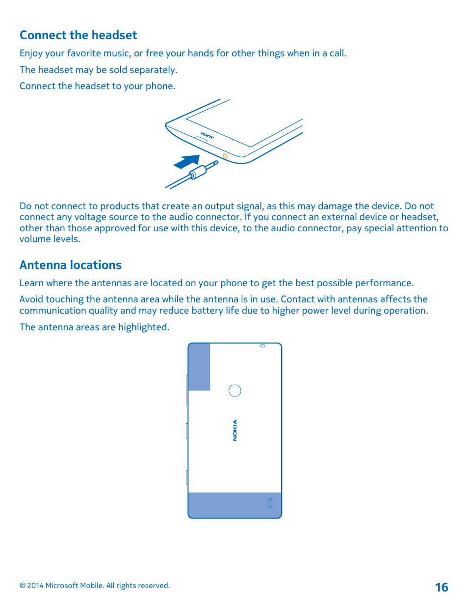 Connect the headset, Antenna locations | Nokia Lumia 520 User Manual | Page 16 / 108
