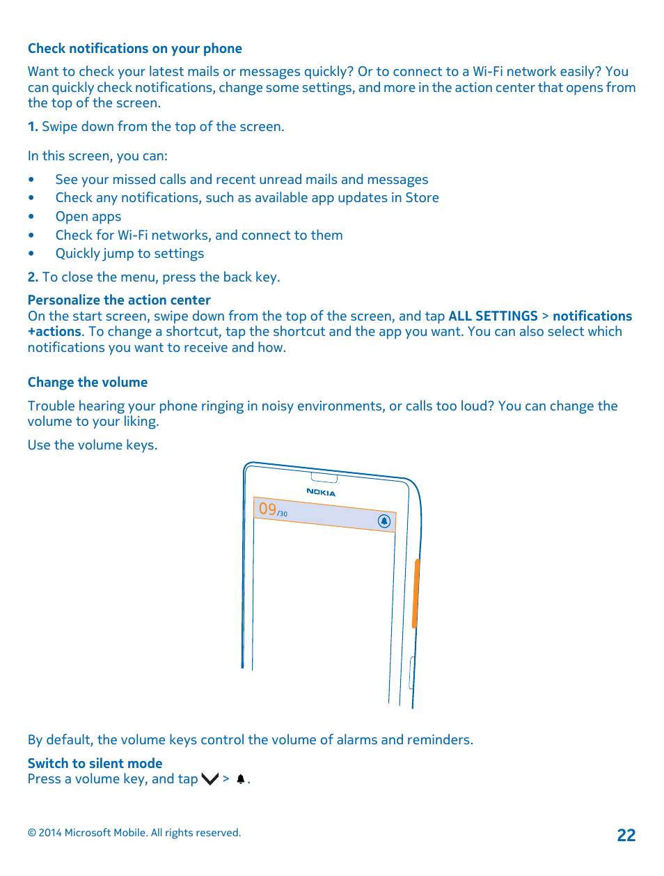 Check notifications on your phone, Change the volume | Nokia Lumia 520 User Manual | Page 22 / 108