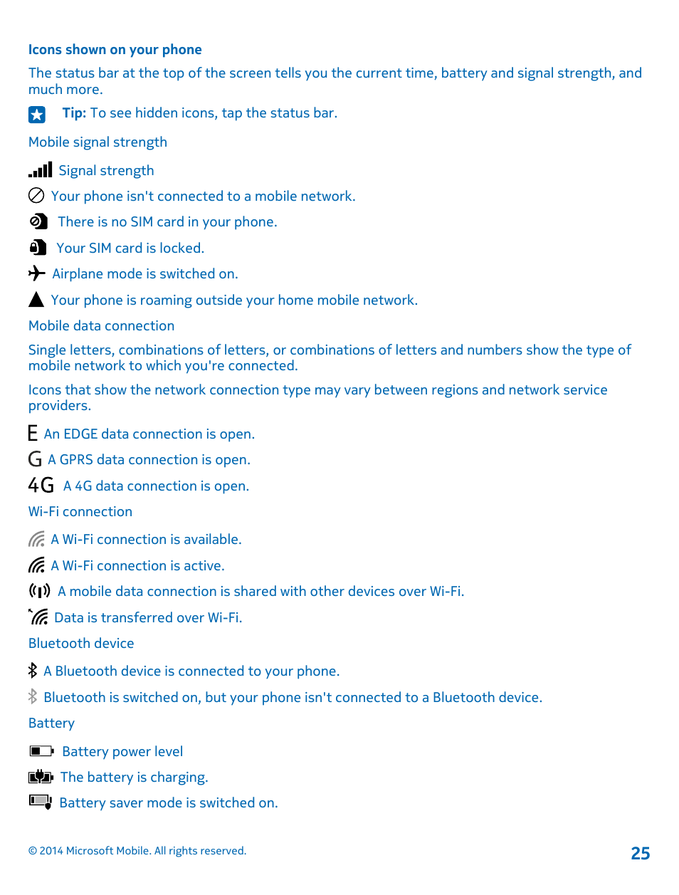Icons shown on your phone | Nokia Lumia 520 User Manual | Page 25 / 108