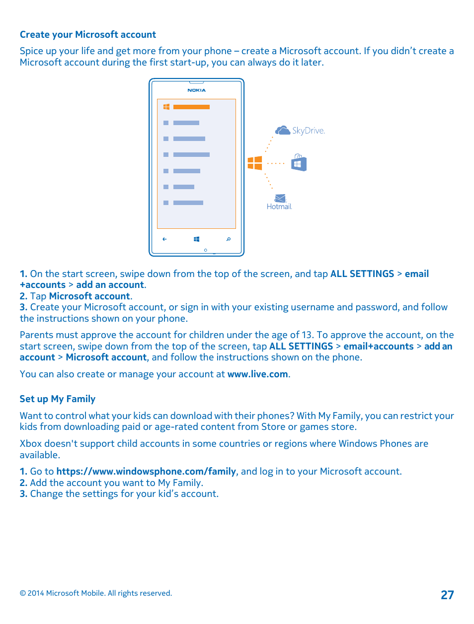 Create your microsoft account, Set up my family | Nokia Lumia 520 User Manual | Page 27 / 108