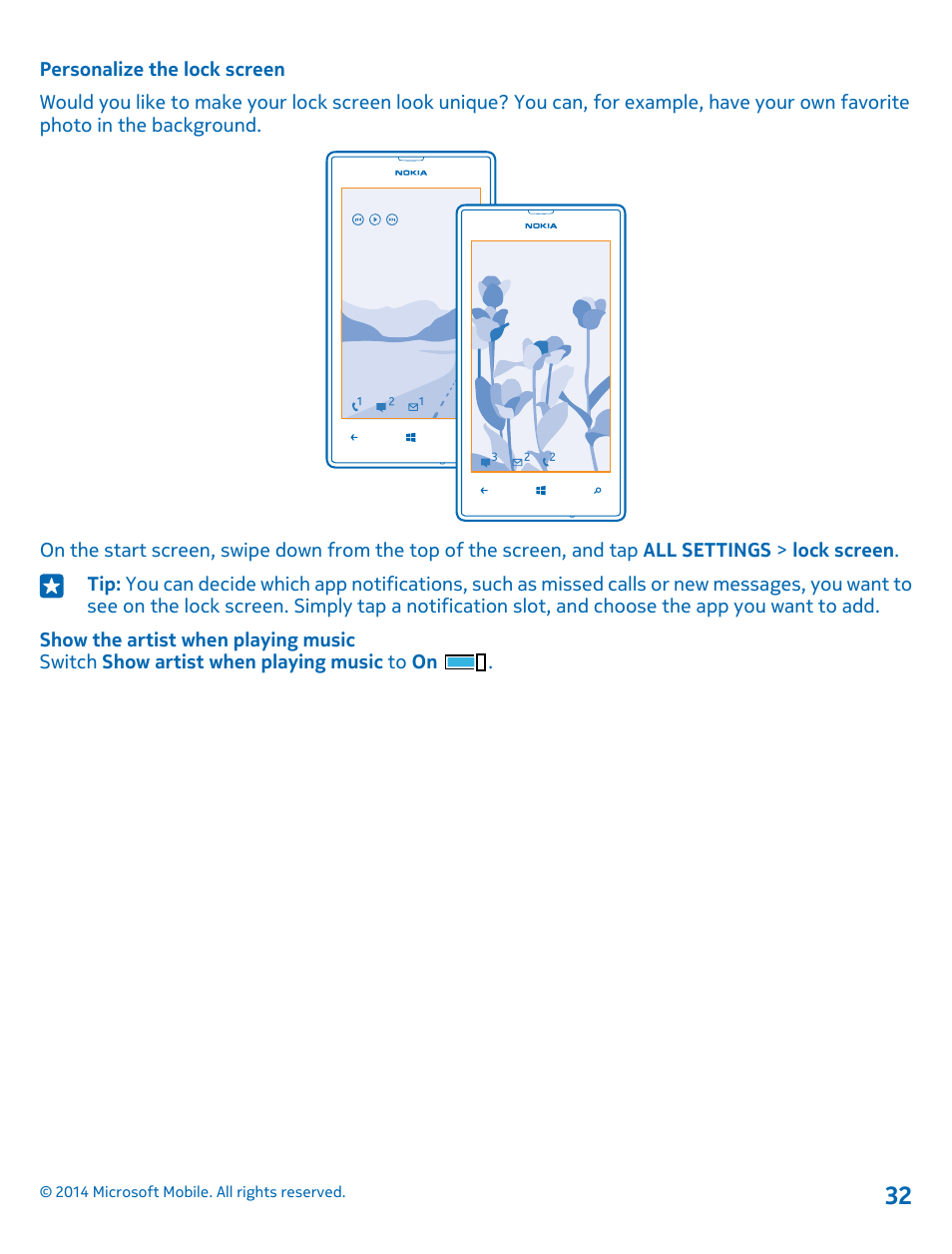 Personalize the lock screen | Nokia Lumia 520 User Manual | Page 32 / 108