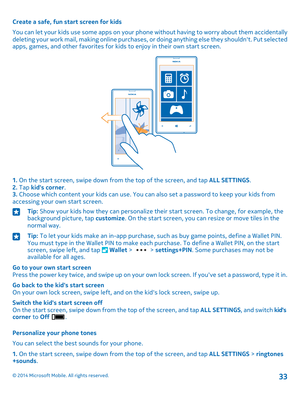 Create a safe, fun start screen for kids, Personalize your phone tones | Nokia Lumia 520 User Manual | Page 33 / 108