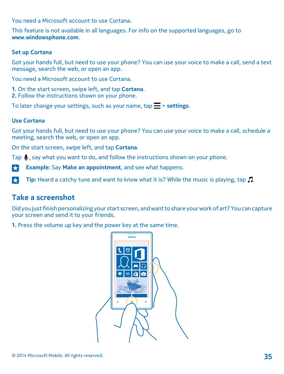 Set up cortana, Use cortana, Take a screenshot | Nokia Lumia 520 User Manual | Page 35 / 108