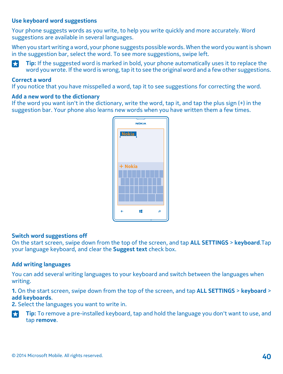 Use keyboard word suggestions, Add writing languages | Nokia Lumia 520 User Manual | Page 40 / 108