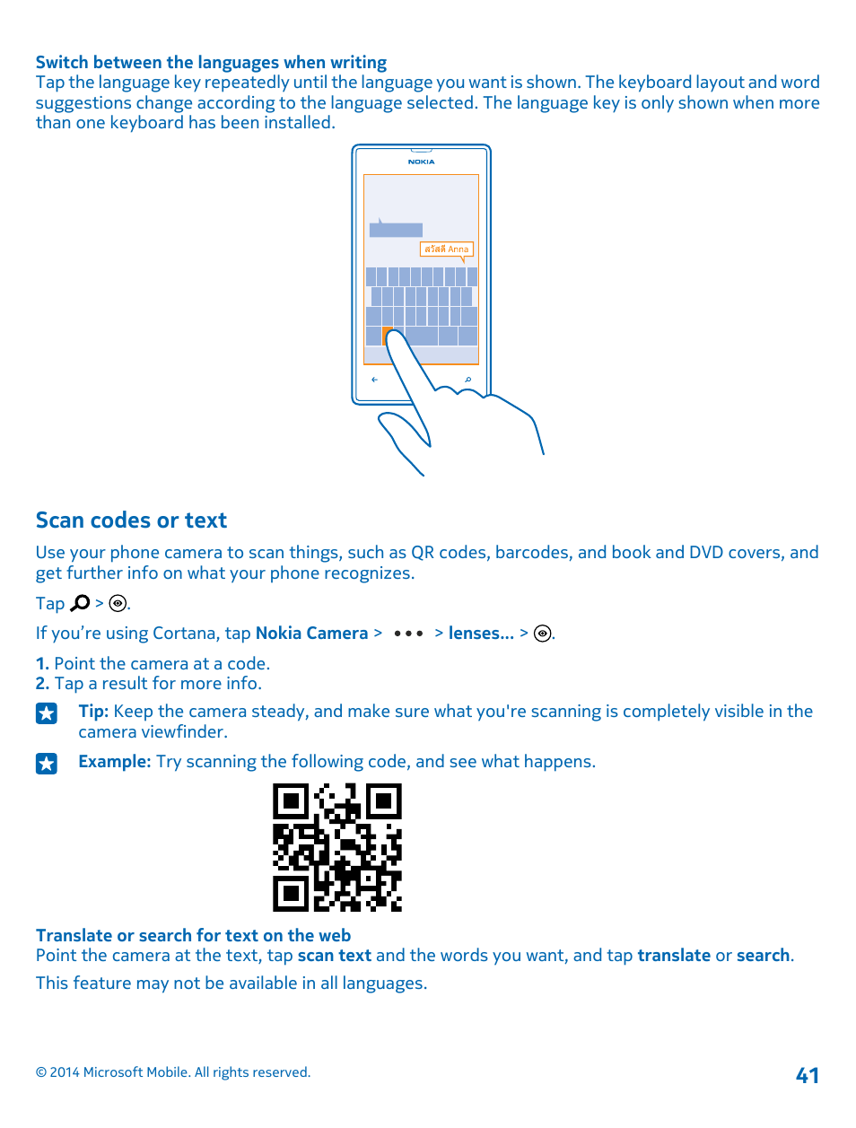 Scan codes or text | Nokia Lumia 520 User Manual | Page 41 / 108