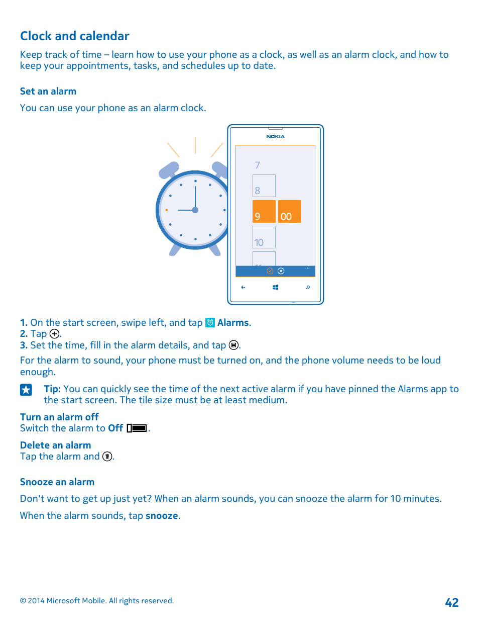 Clock and calendar, Set an alarm, Snooze an alarm | Nokia Lumia 520 User Manual | Page 42 / 108