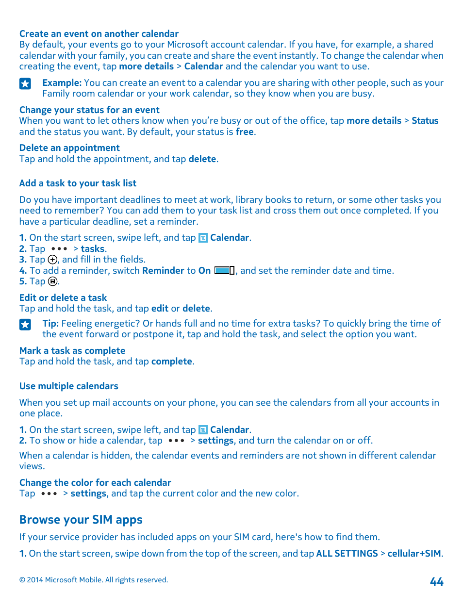 Add a task to your task list, Use multiple calendars, Browse your sim apps | Nokia Lumia 520 User Manual | Page 44 / 108