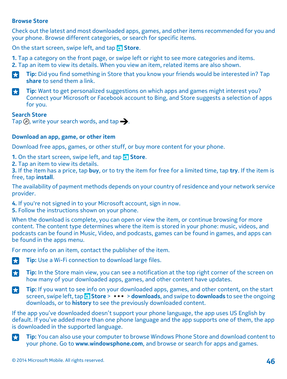 Browse store, Download an app, game, or other item | Nokia Lumia 520 User Manual | Page 46 / 108