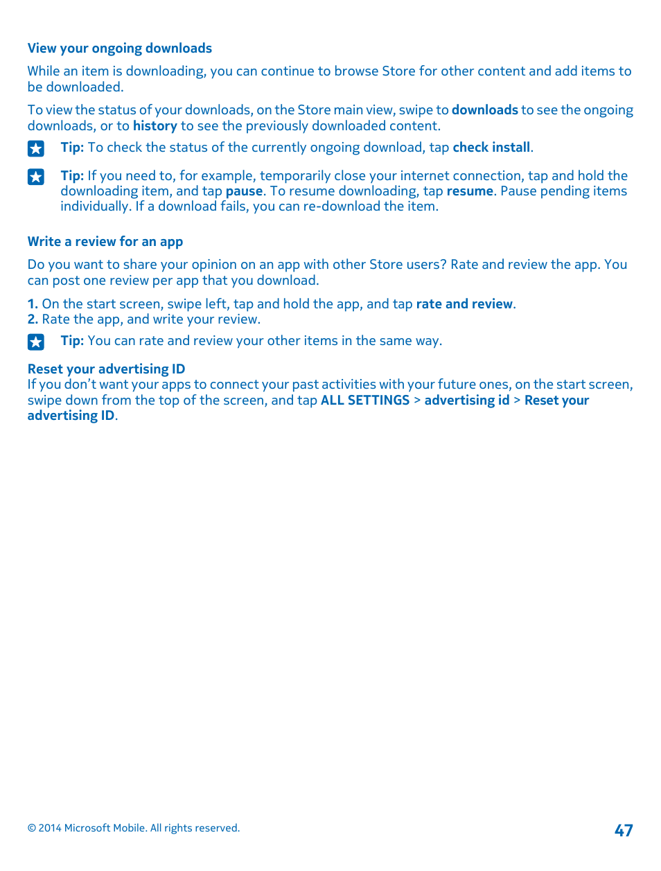 View your ongoing downloads, Write a review for an app | Nokia Lumia 520 User Manual | Page 47 / 108