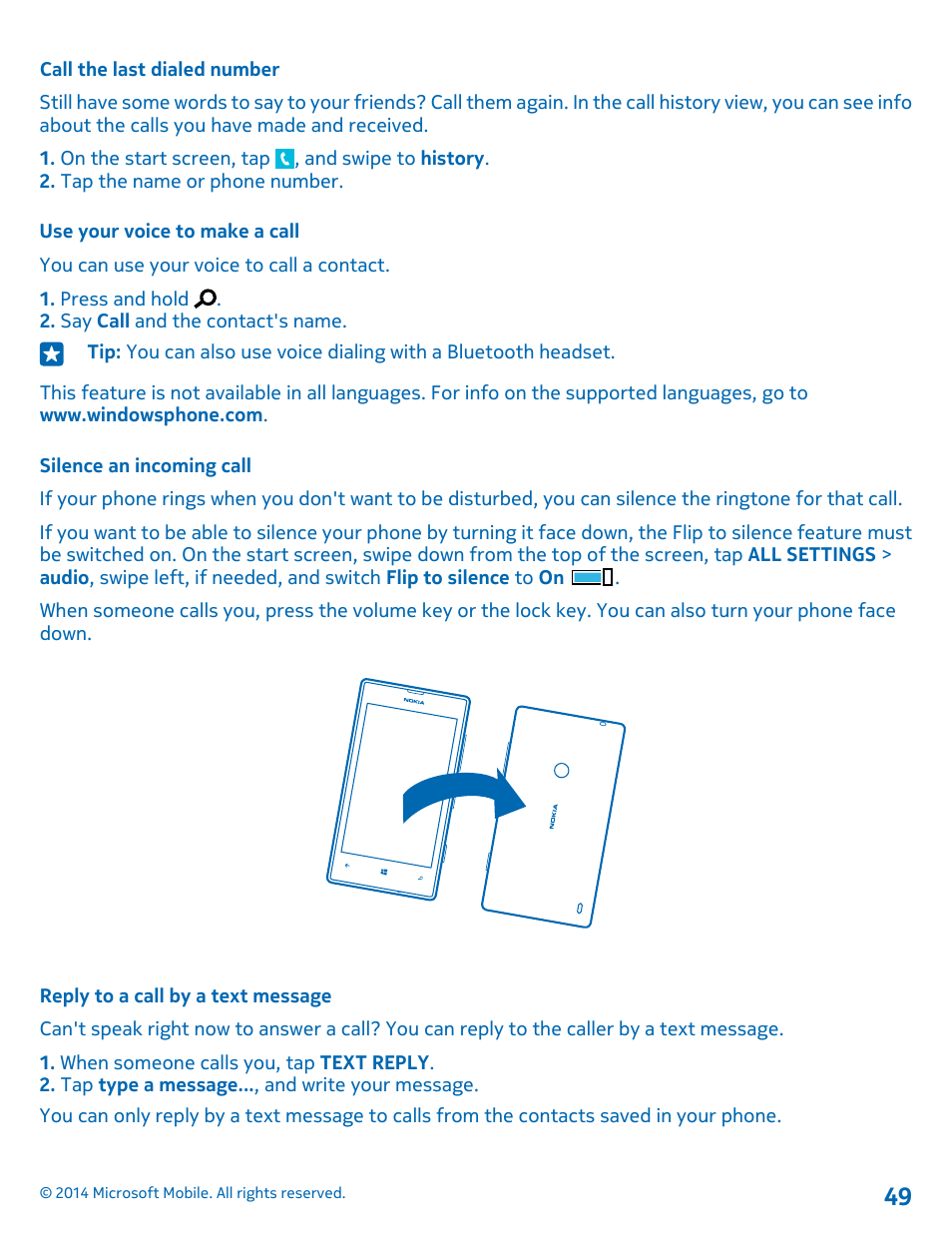 Call the last dialed number, Use your voice to make a call, Silence an incoming call | Reply to a call by a text message | Nokia Lumia 520 User Manual | Page 49 / 108