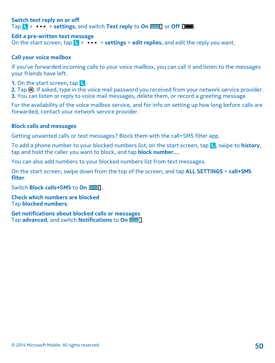 Call your voice mailbox, Block calls and messages | Nokia Lumia 520 User Manual | Page 50 / 108