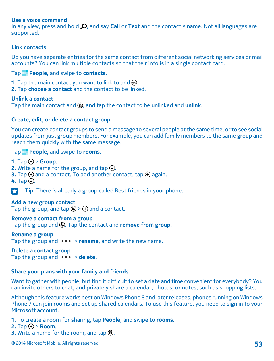Link contacts, Create, edit, or delete a contact group, Share your plans with your family and friends | Nokia Lumia 520 User Manual | Page 53 / 108