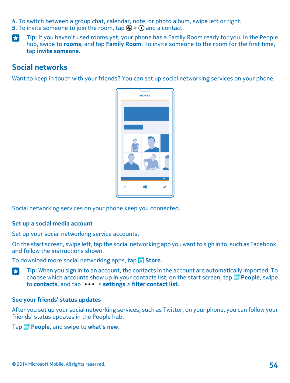 Social networks, Set up a social media account, See your friends' status updates | Nokia Lumia 520 User Manual | Page 54 / 108