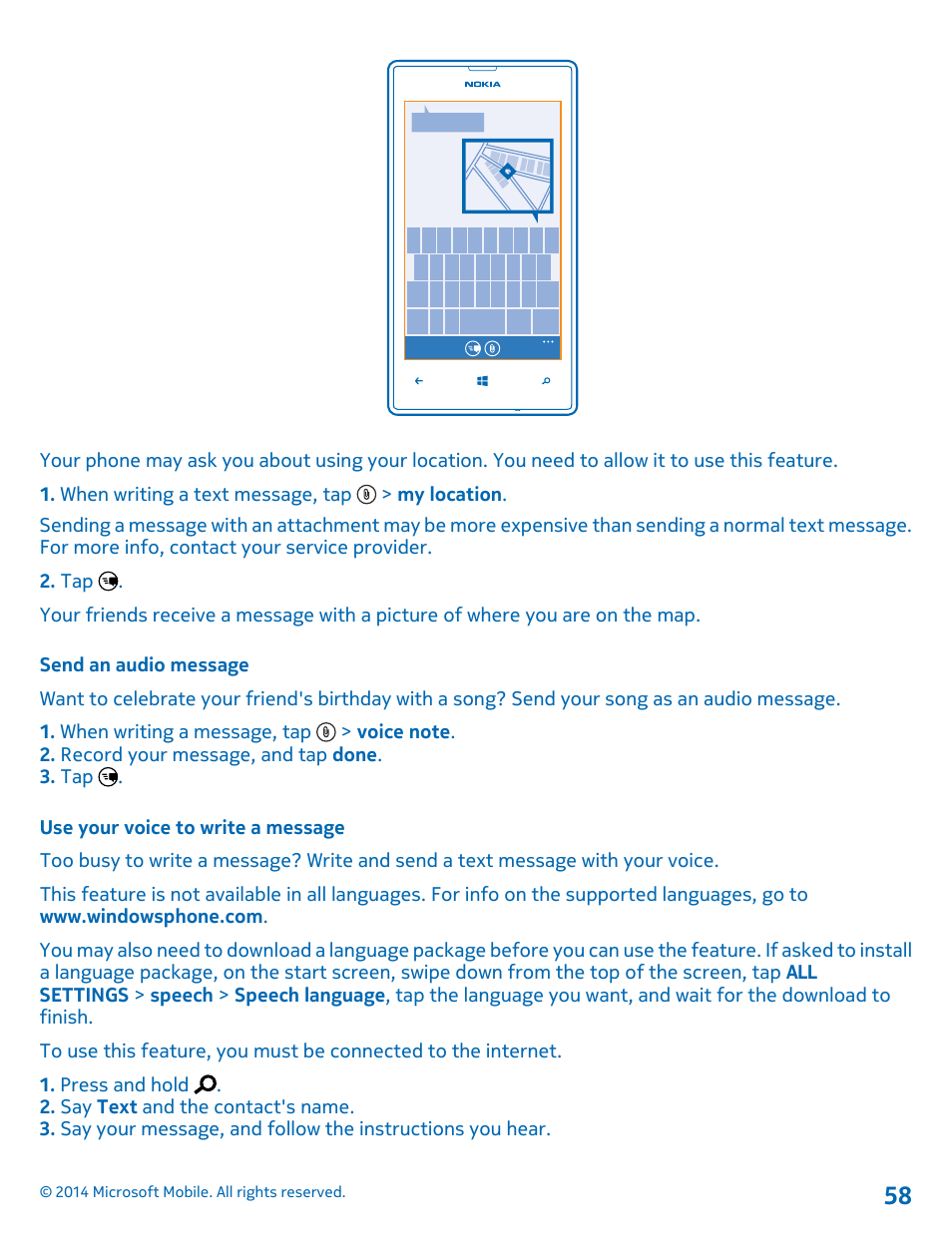 Send an audio message, Use your voice to write a message | Nokia Lumia 520 User Manual | Page 58 / 108