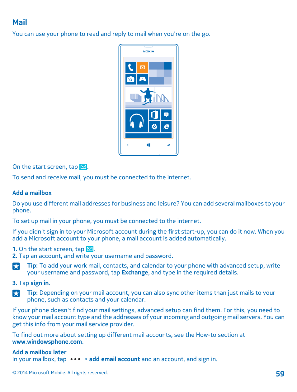 Mail, Add a mailbox | Nokia Lumia 520 User Manual | Page 59 / 108