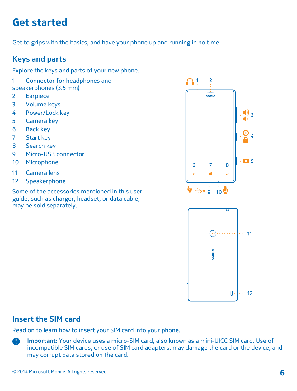 Get started, Keys and parts, Insert the sim card | Nokia Lumia 520 User Manual | Page 6 / 108