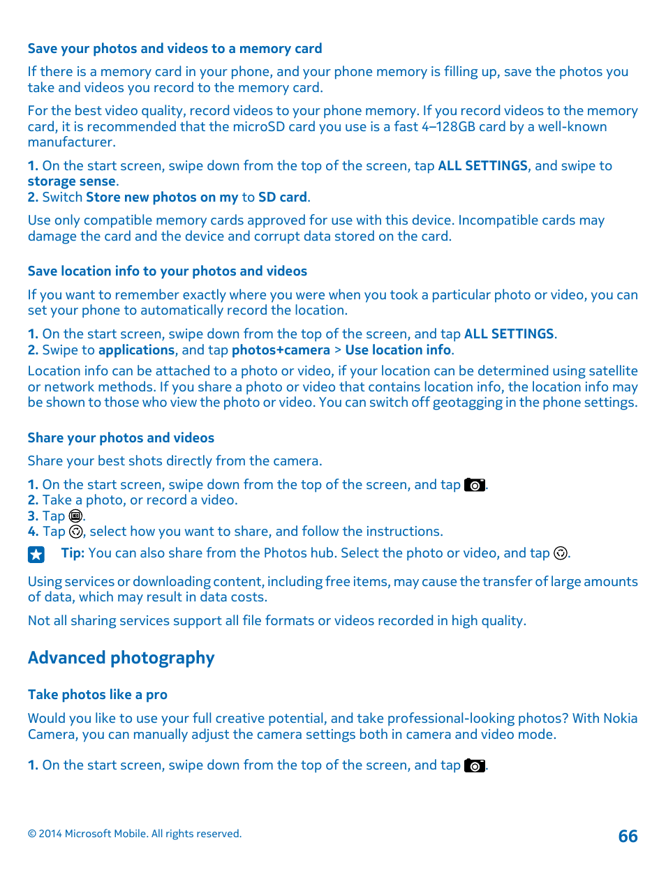 Save your photos and videos to a memory card, Save location info to your photos and videos, Share your photos and videos | Advanced photography, Take photos like a pro | Nokia Lumia 520 User Manual | Page 66 / 108