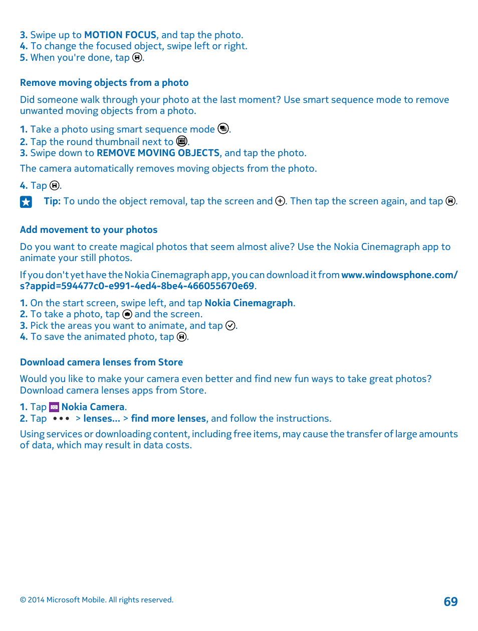 Remove moving objects from a photo, Add movement to your photos, Download camera lenses from store | Nokia Lumia 520 User Manual | Page 69 / 108