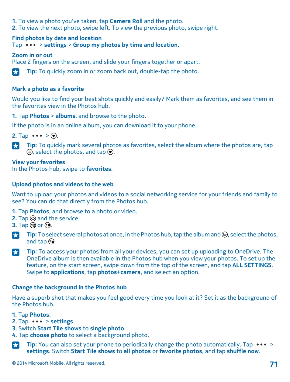 Mark a photo as a favorite, Upload photos and videos to the web, Change the background in the photos hub | Nokia Lumia 520 User Manual | Page 71 / 108