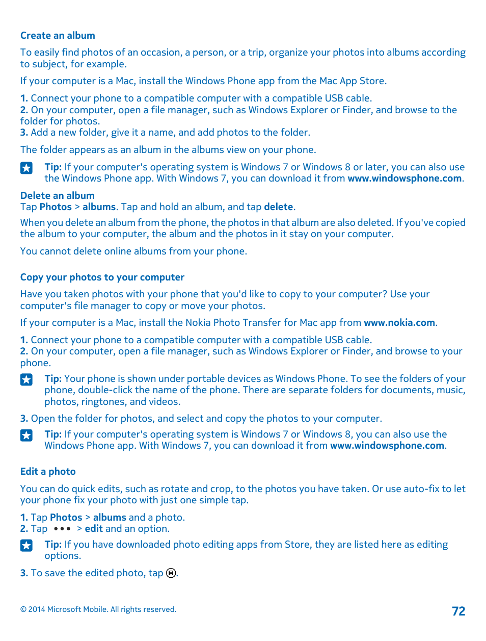 Create an album, Copy your photos to your computer, Edit a photo | Nokia Lumia 520 User Manual | Page 72 / 108