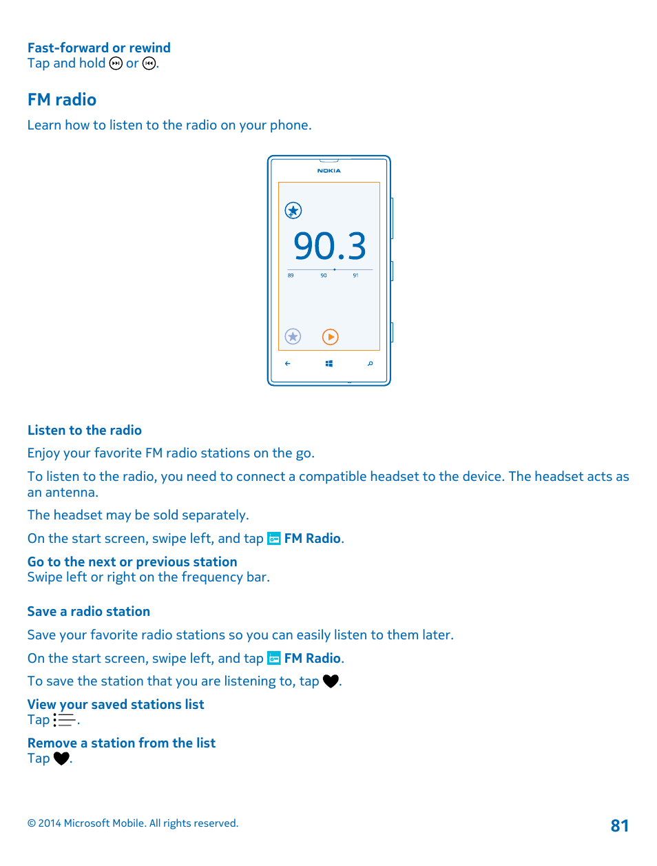 Fm radio, Listen to the radio, Save a radio station | Nokia Lumia 520 User Manual | Page 81 / 108