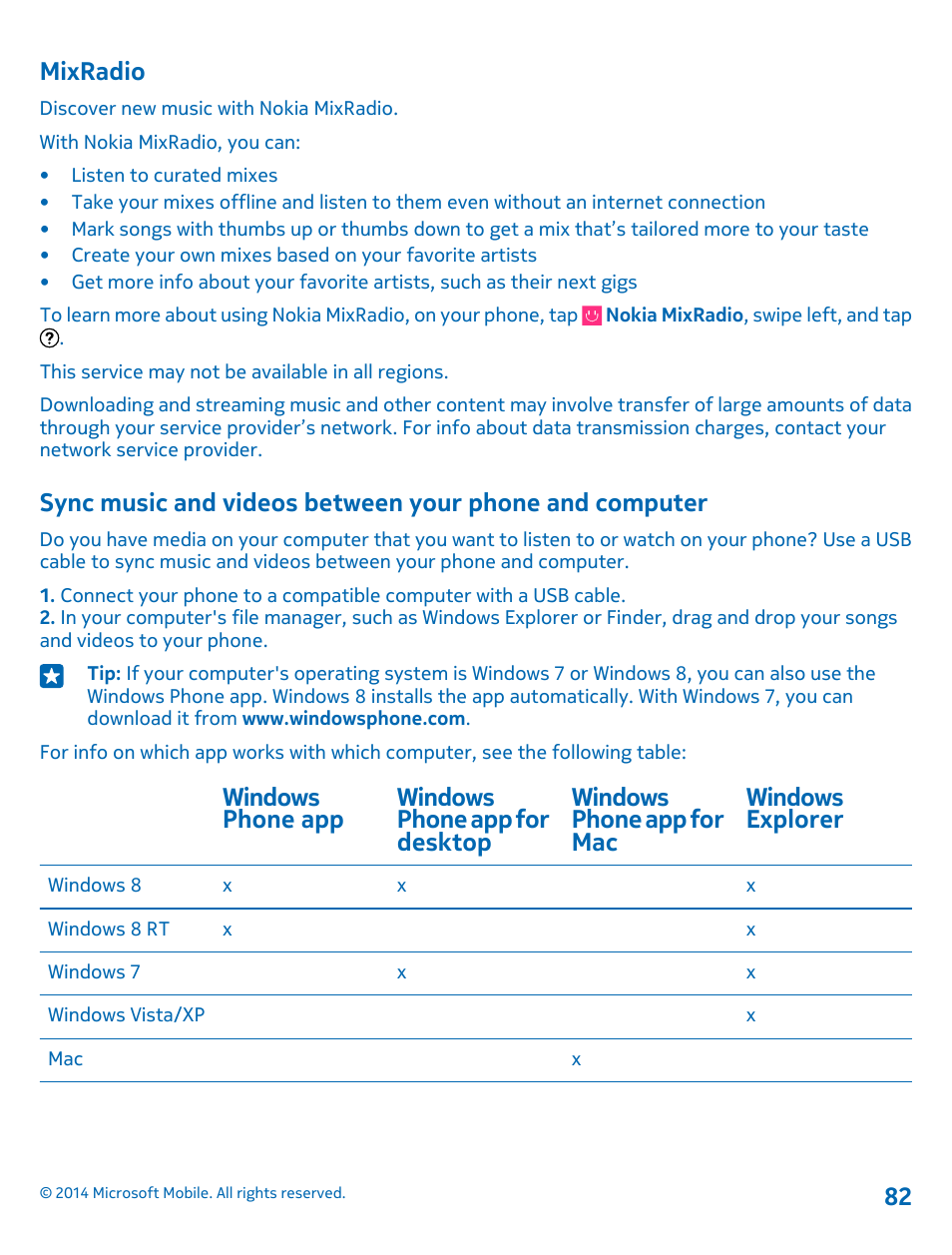 Mixradio, Sync music and videos between your, Phone and computer | Nokia Lumia 520 User Manual | Page 82 / 108