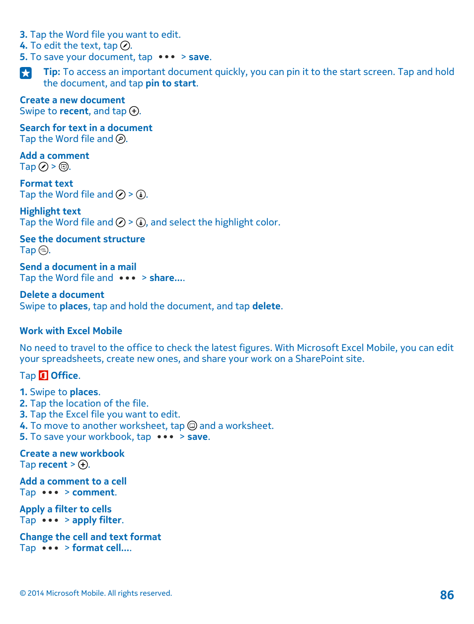 Work with excel mobile | Nokia Lumia 520 User Manual | Page 86 / 108