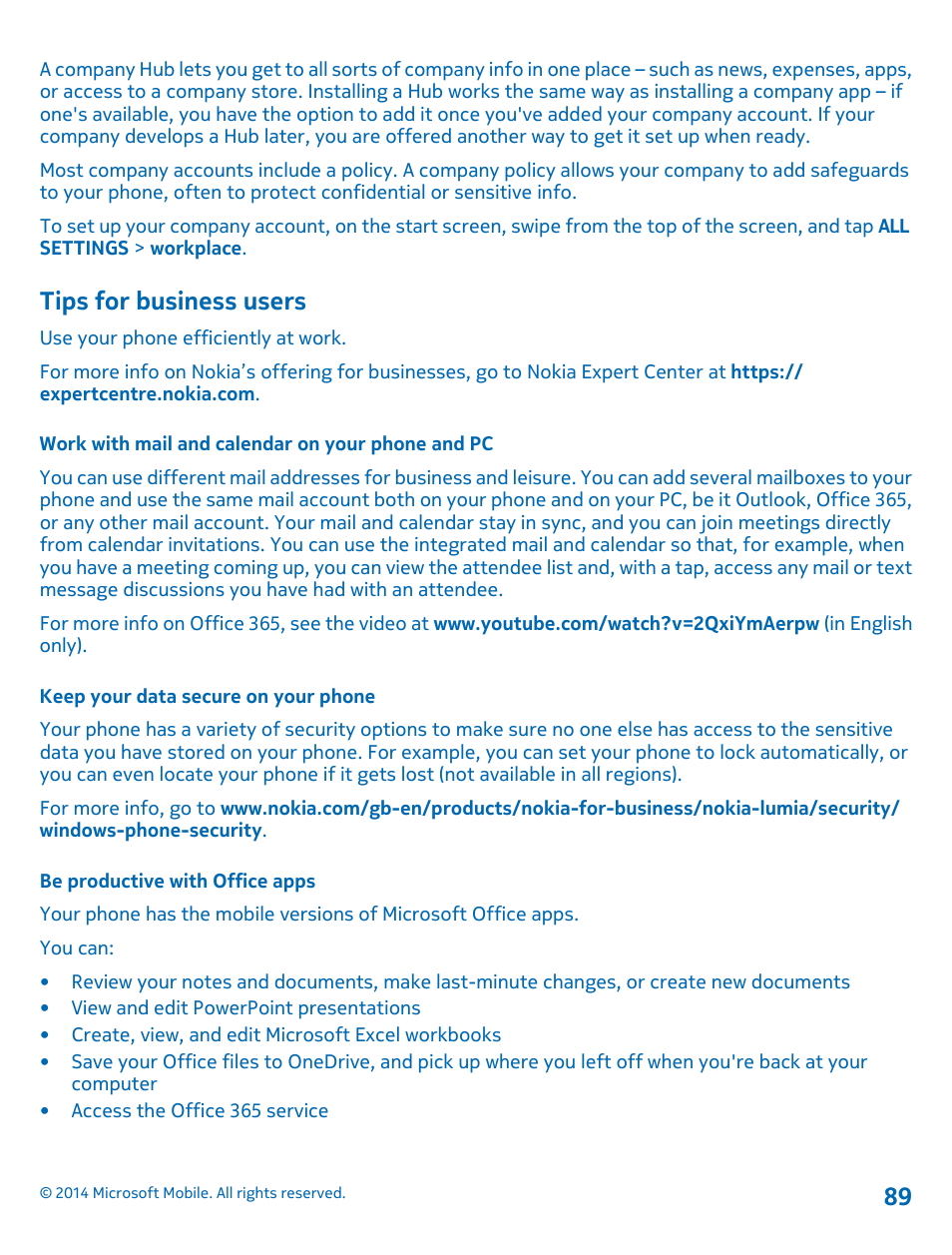 Tips for business users, Work with mail and calendar on your phone and pc, Keep your data secure on your phone | Be productive with office apps | Nokia Lumia 520 User Manual | Page 89 / 108