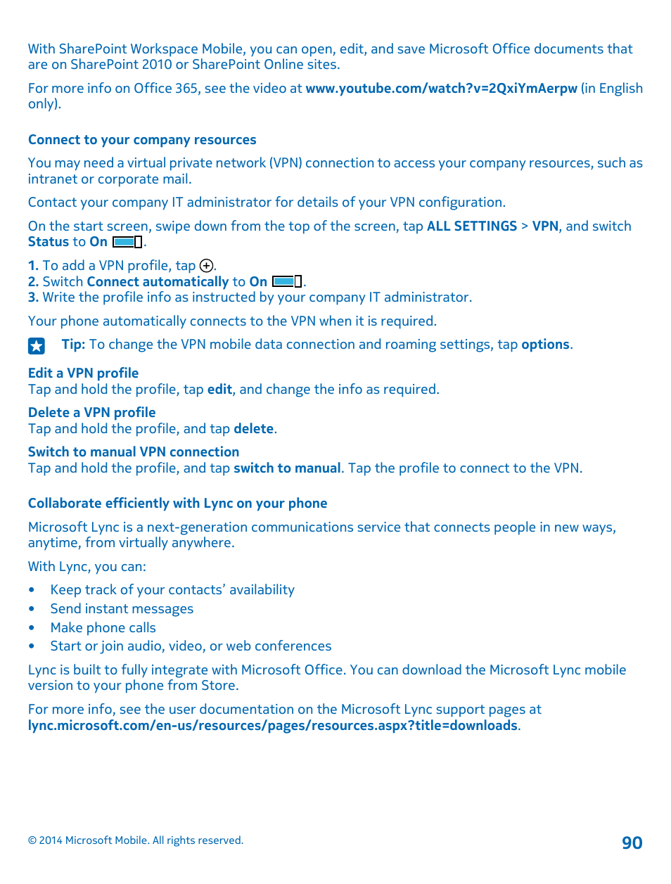 Connect to your company resources, Collaborate efficiently with lync on your phone | Nokia Lumia 520 User Manual | Page 90 / 108