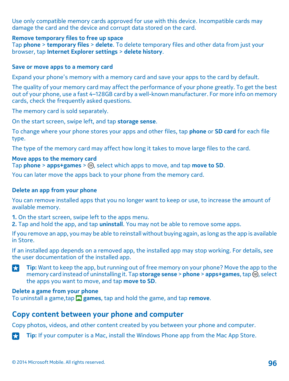 Save or move apps to a memory card, Delete an app from your phone, Copy content between your phone and computer | Copy content between your phone and, Computer | Nokia Lumia 520 User Manual | Page 96 / 108